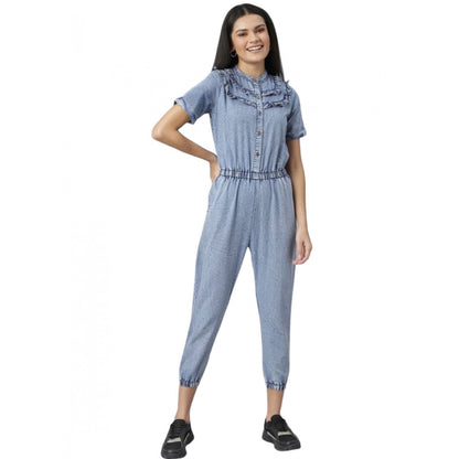 Generic Women's Denim Self Design Tie Ups Jumpsuit (Blue)