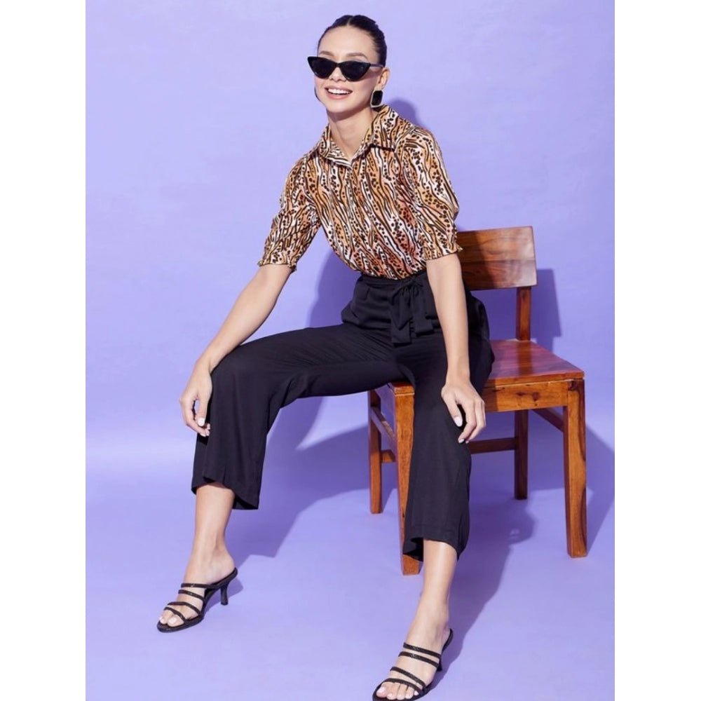 Generic Women's Polyester Animal Print Half Sleeve Jumpsuit (Orange - Black)