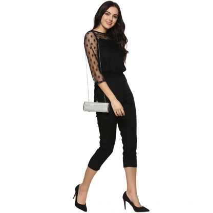 Generic Women's Polyester Self Design 3/4th Sleeve Jumpsuit (Black)