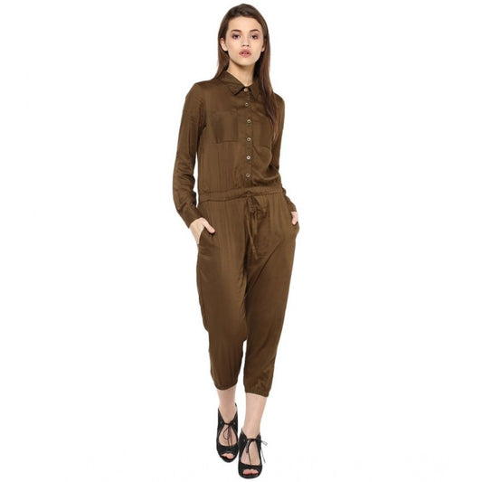 Generic Women's Rayon Solid Long Sleeve Jumpsuit (Olive)