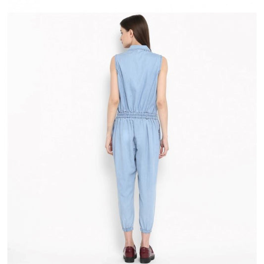 Generic Women's Denim Solid Sleeveless Jumpsuit (Blue)