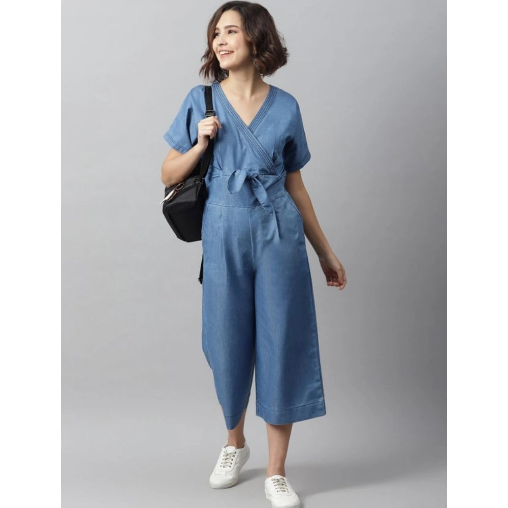 Generic Women's Denim Solid Half Sleeve Jumpsuit (Blue)