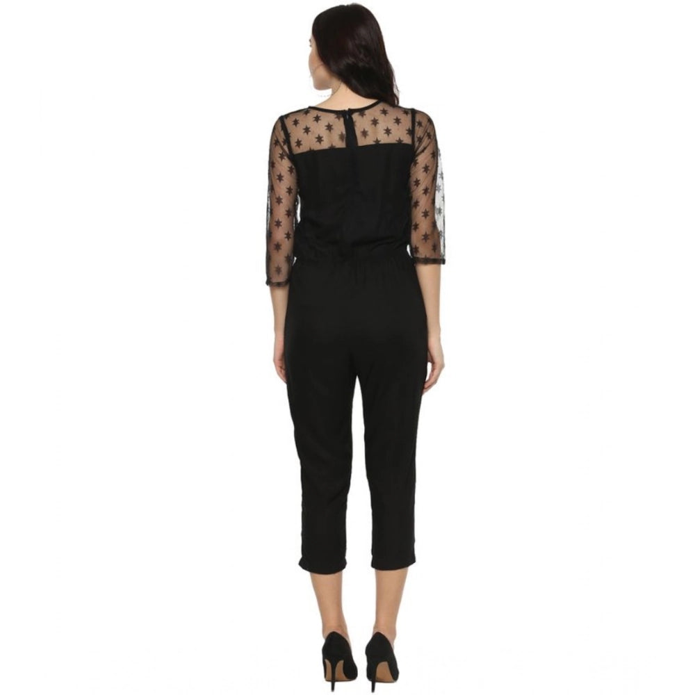Generic Women's Polyester Self Design 3/4th Sleeve Jumpsuit (Black)