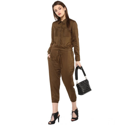 Generic Women's Rayon Solid Long Sleeve Jumpsuit (Olive)