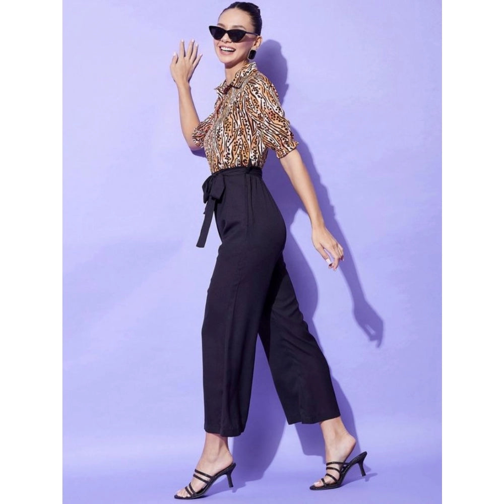 Generic Women's Polyester Animal Print Half Sleeve Jumpsuit (Orange - Black)