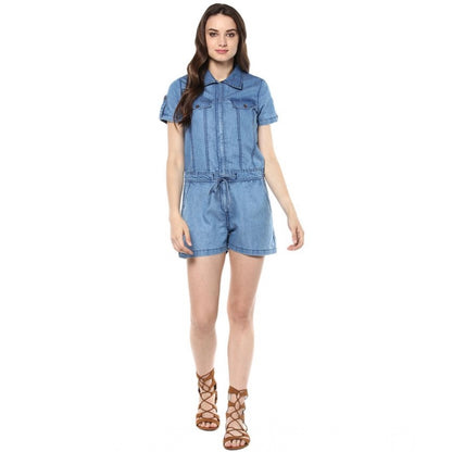Generic Women's Denim Solid Short Sleeve Jumpsuit (Blue)