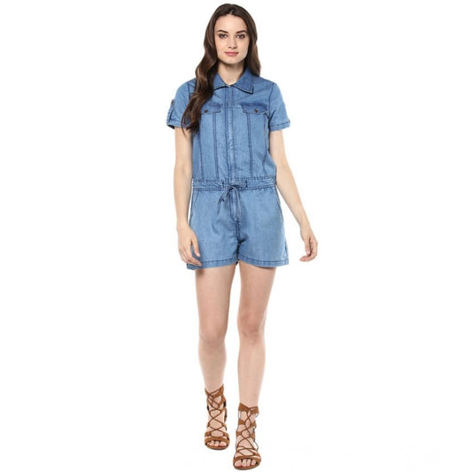 Generic Women's Denim Solid Short Sleeve Jumpsuit (Blue)