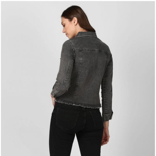 Generic Women's Denim Distressed Long Sleeve Jacket (Black)