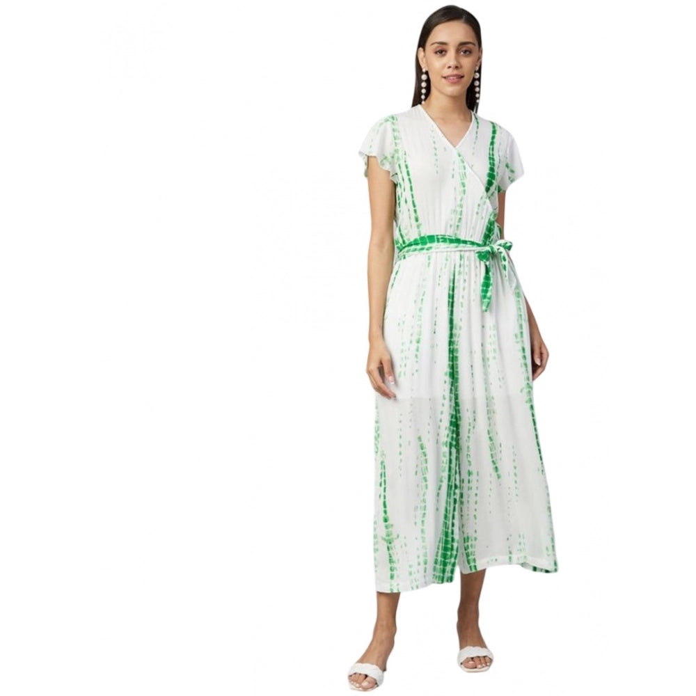 Generic Women's Rayon Striped Short Sleeve Jumpsuit (Green - White)