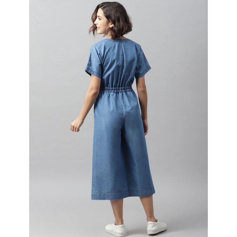 Generic Women's Denim Solid Half Sleeve Jumpsuit (Blue)