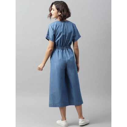 Generic Women's Denim Solid Half Sleeve Jumpsuit (Blue)