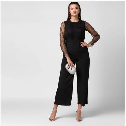 Generic Women's Polyester Embellished Long Sleeve Jumpsuit (Black)