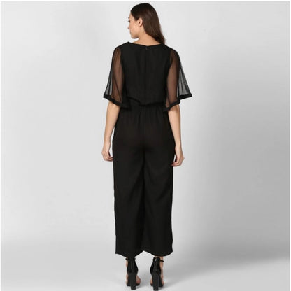 Generic Women's Polyester Solid Half Sleeve Jumpsuit (Black)