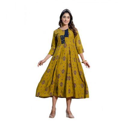 Generic Women's Rayon Print With Embroidery Work A-Line Kurti (Mehendi)