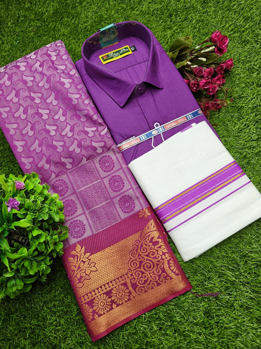 Semi Silk Saree, Cotton Dhoti & Shirt Combo Set GM003