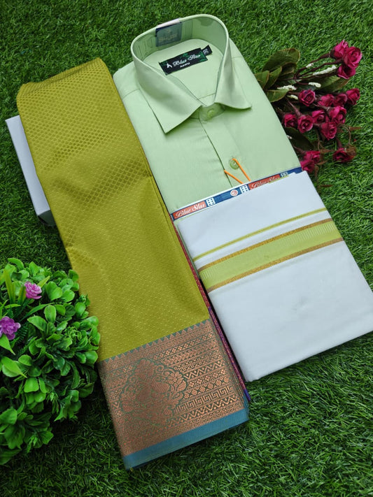 Semi Silk Saree, Cotton Dhoti & Shirt Combo Set  GM004