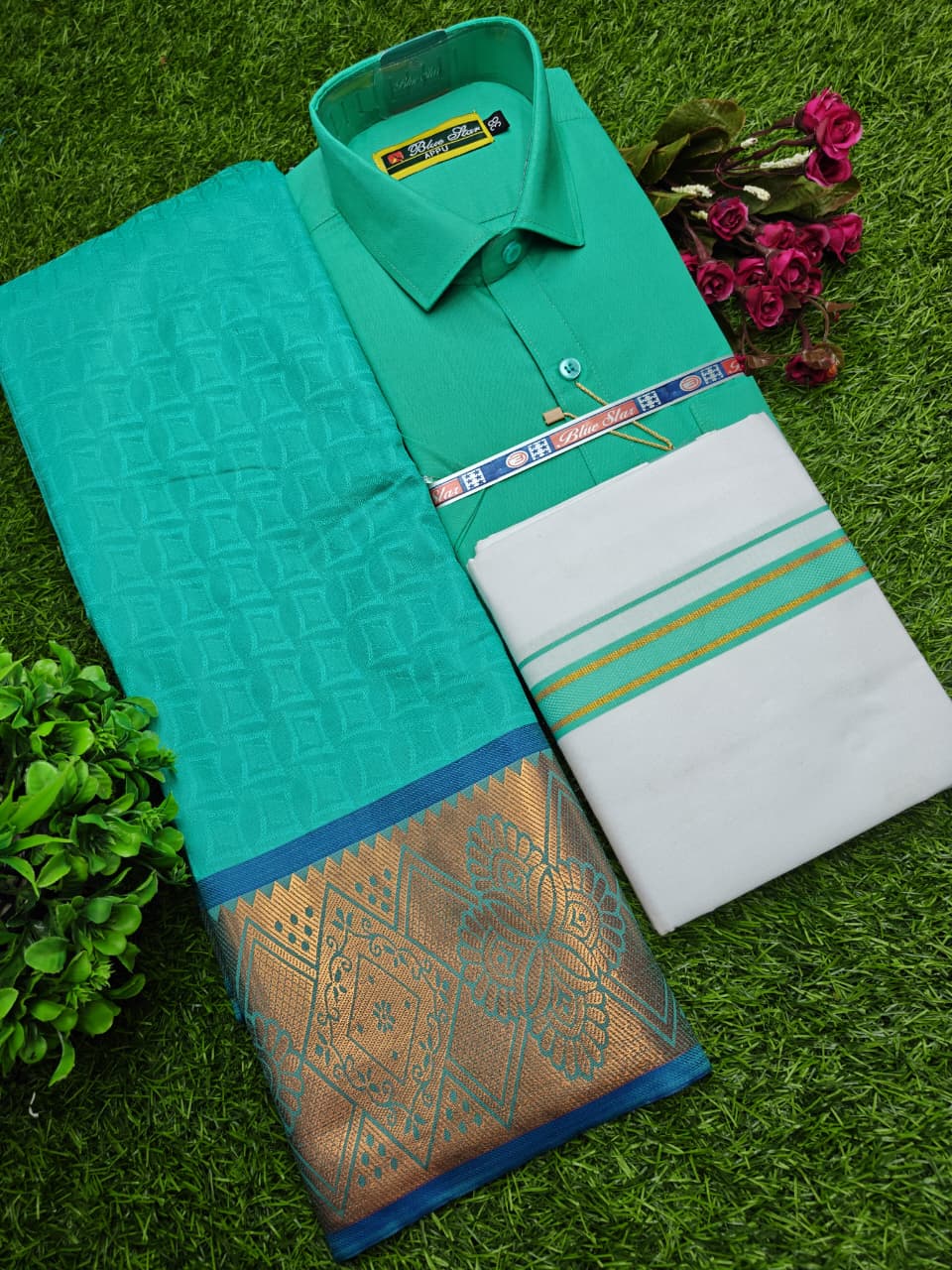 Semi Silk Saree, Cotton Dhoti & Shirt Combo Set  GM009
