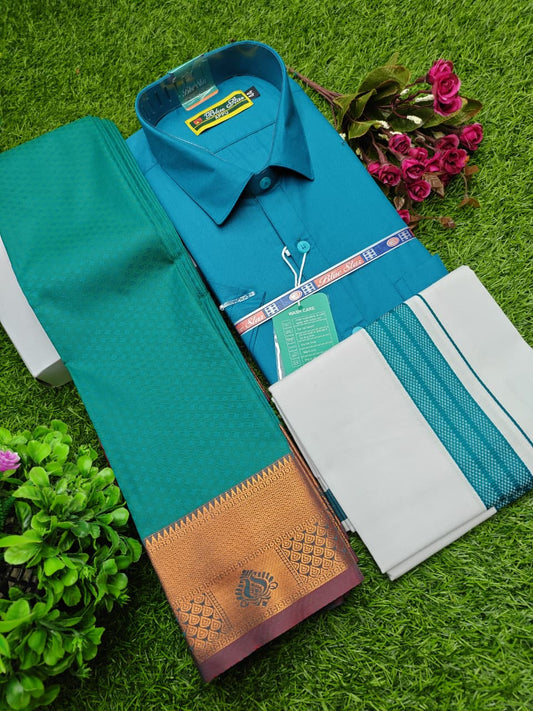 Semi Silk Saree, Cotton Dhoti & Shirt Combo Set  GM010