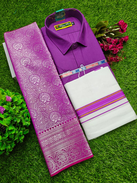 Semi Silk Saree, Dhoti & Shirt Combo Set GM011