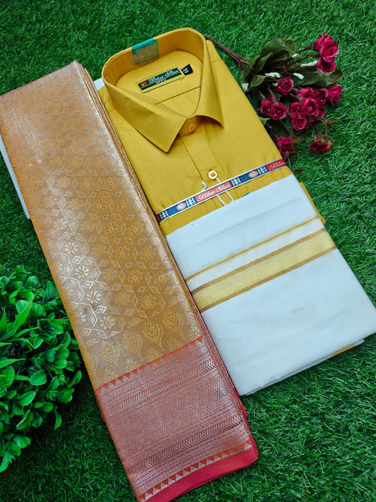 Semi Silk Saree, Dhoti & Shirt Combo Set GM013