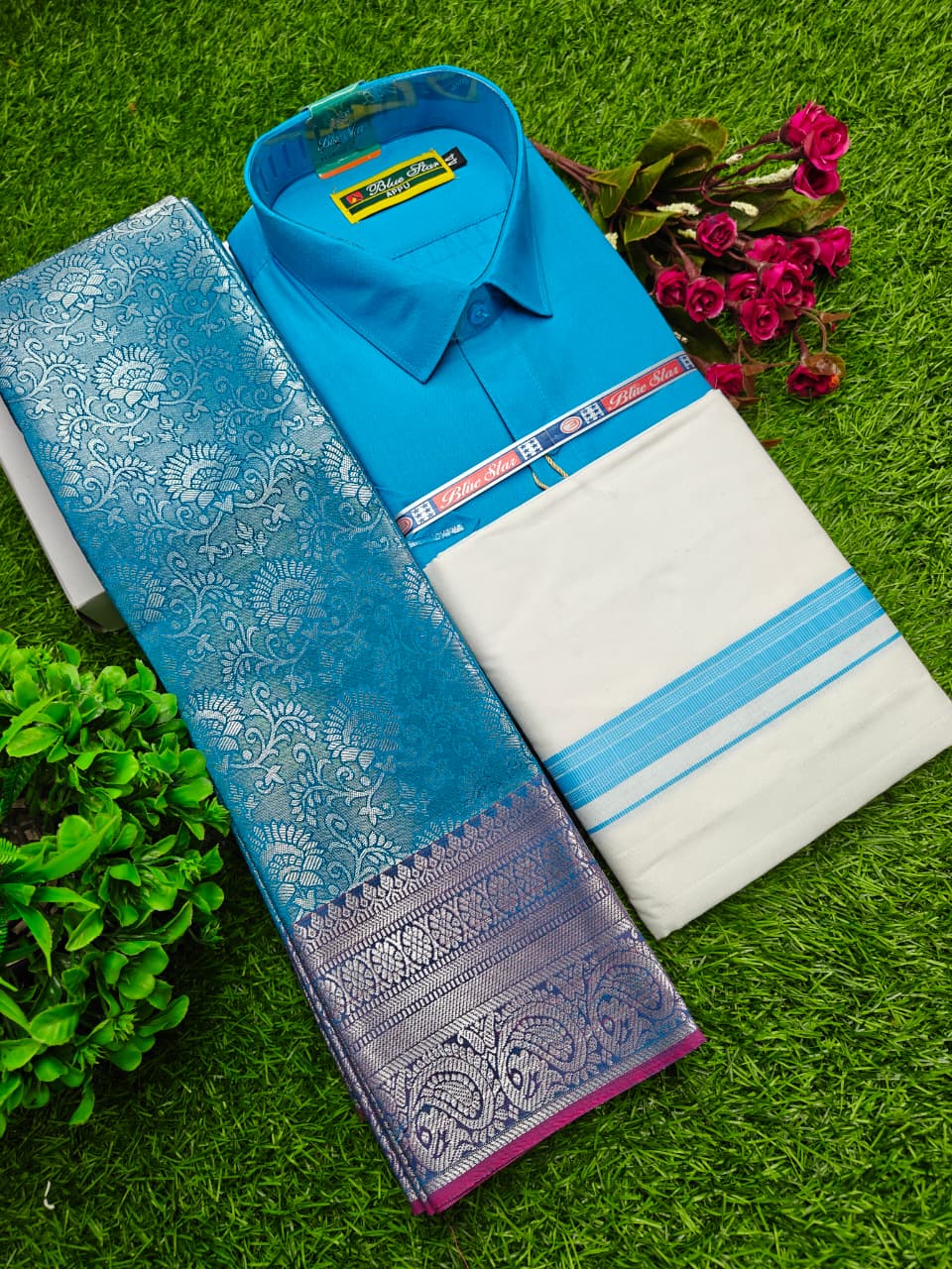 Semi Silk Saree, Dhoti & Shirt Combo Set GM015