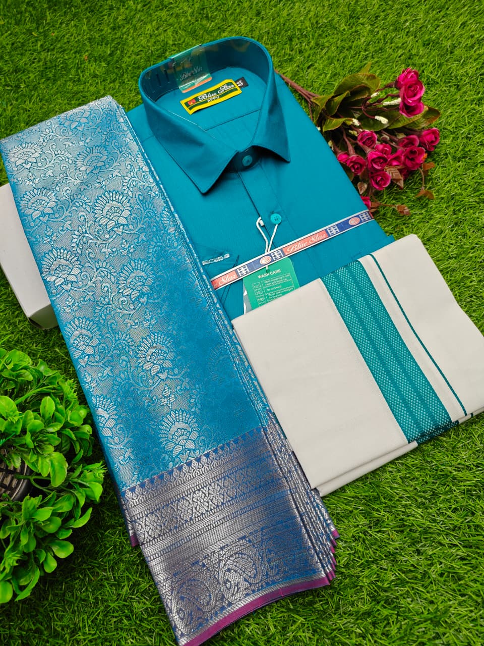 Semi Silk Saree, Dhoti & Shirt Combo Set GM016