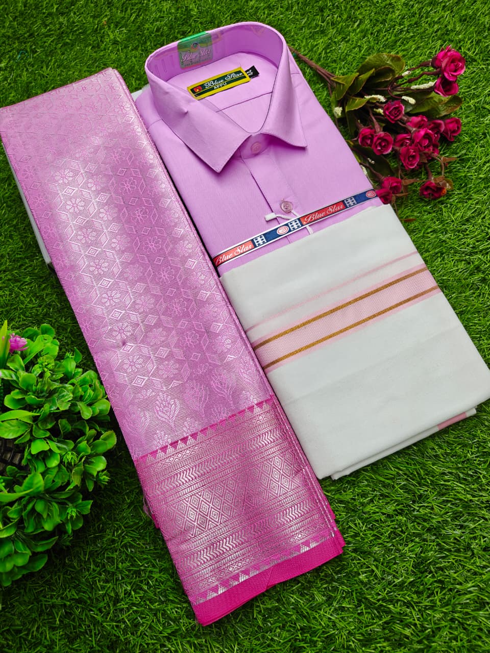 Semi Silk Saree, Dhoti & Shirt Combo Set GM018