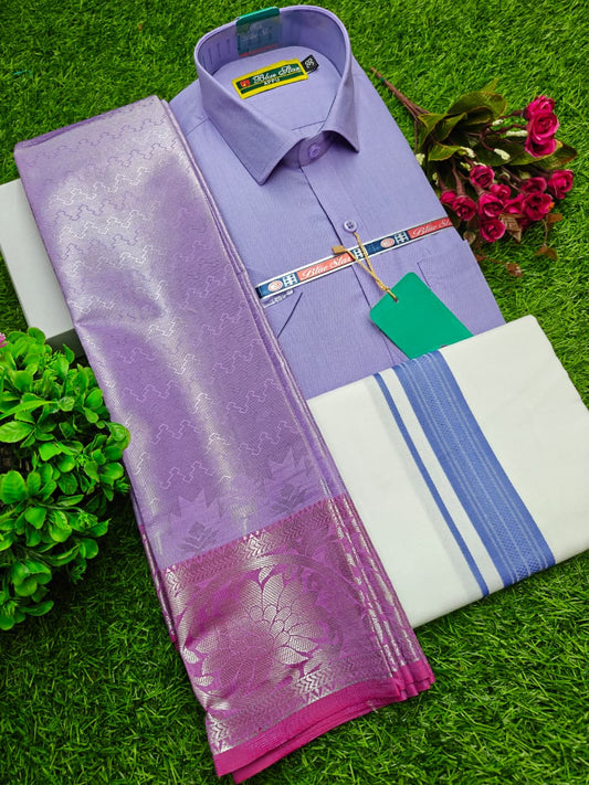 Semi Silk Saree, Dhoti & Shirt Combo Set GM020