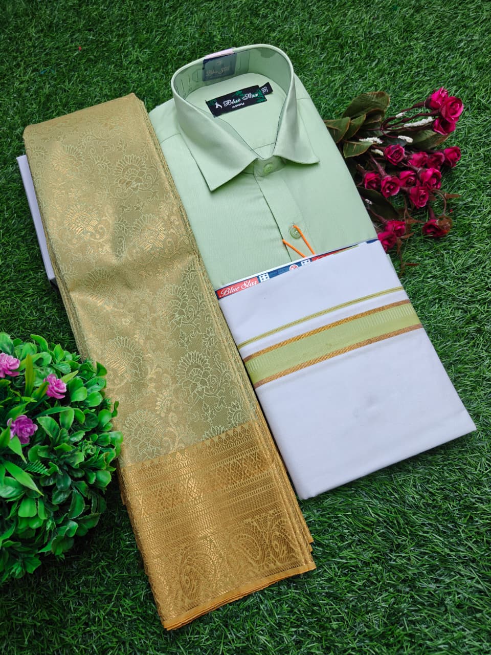 Semi Silk Saree, Dhoti & Shirt Combo Set GM023