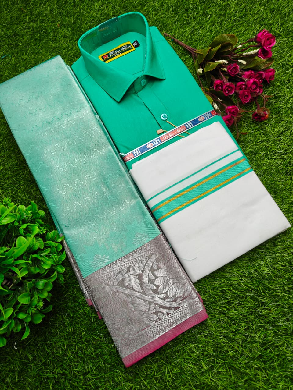 Semi Silk Saree, Dhoti & Shirt Combo Set GM024