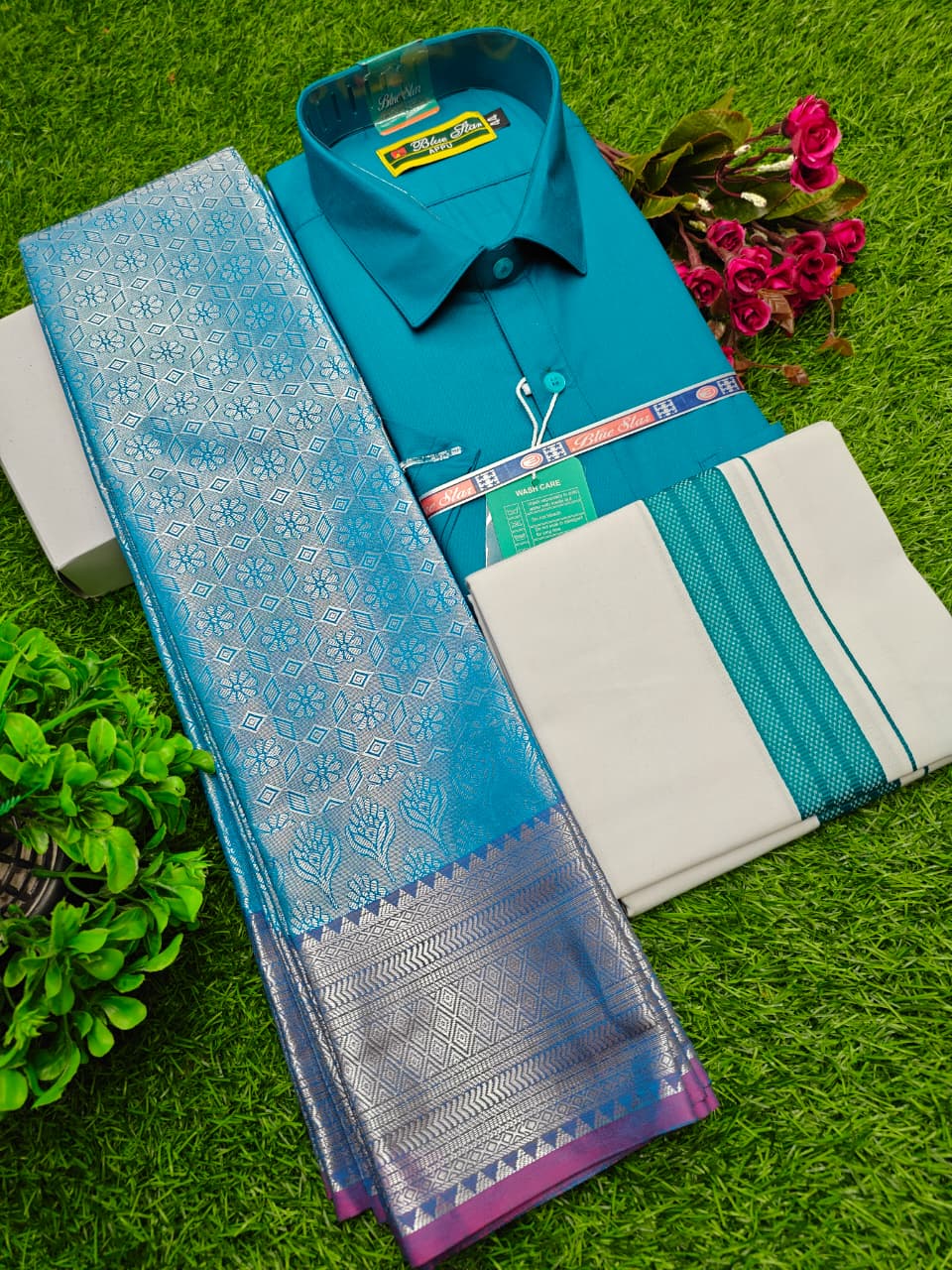 Semi Silk Saree, Dhoti & Shirt Combo Set GM025