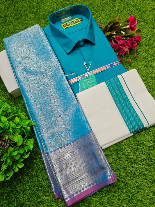 Semi Silk Saree, Dhoti & Shirt Combo Set GM025