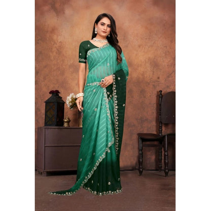 Generic Women's Chiffon Embroidred Saree With Unstitched Blouse 5.5Mtr (Dark Green)