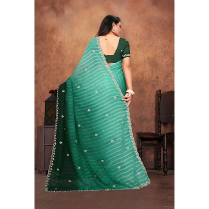 Generic Women's Chiffon Embroidred Saree With Unstitched Blouse 5.5Mtr (Dark Green)