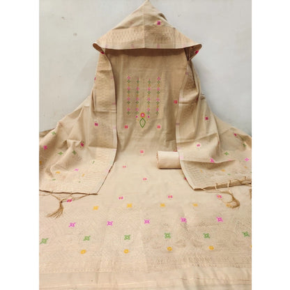 Generic Women's Banarasi Silk Printed Unstitched Salwar Suit Material With Dupatta (Cream, 3Mtrs)