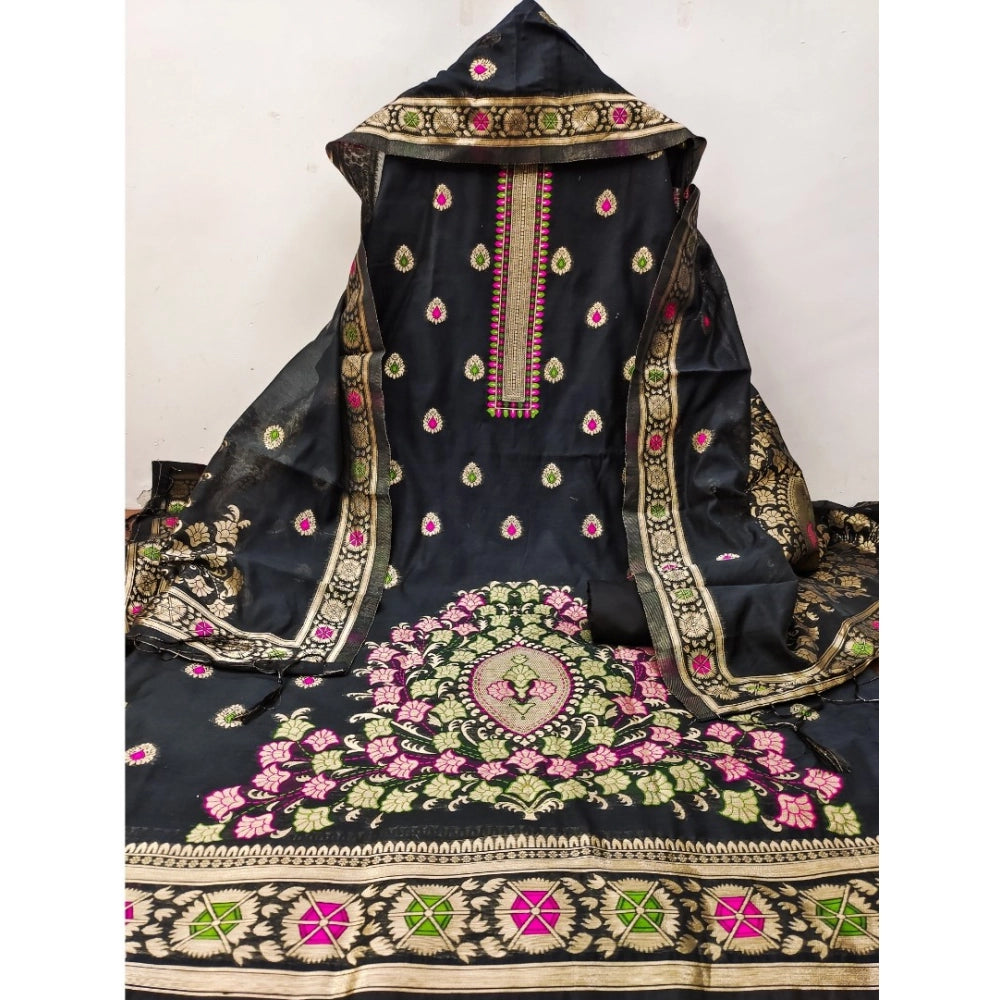 Generic Women's Banarasi Silk Printed Unstitched Salwar Suit Material With Dupatta (Black, 3Mtrs)