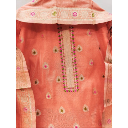 Generic Women's Banarasi Silk Printed Unstitched Salwar Suit Material With Dupatta (Peach, 3Mtrs)