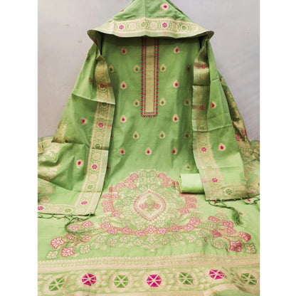Generic Women's Banarasi Silk Printed Unstitched Salwar Suit Material With Dupatta (Pista, 3Mtrs)