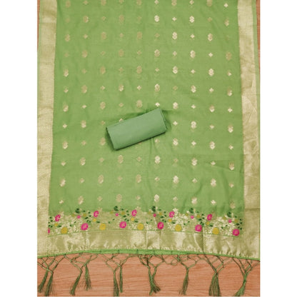 Generic Women's Banarasi Silk Printed Unstitched Salwar Suit Material With Dupatta (Pista, 3Mtrs)