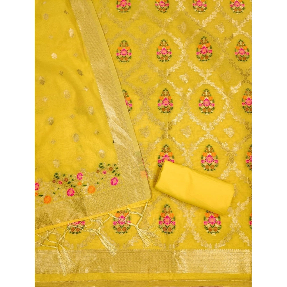 Generic Women's Banarasi Silk Printed Unstitched Salwar Suit Material With Dupatta (Yellow, 3Mtrs)
