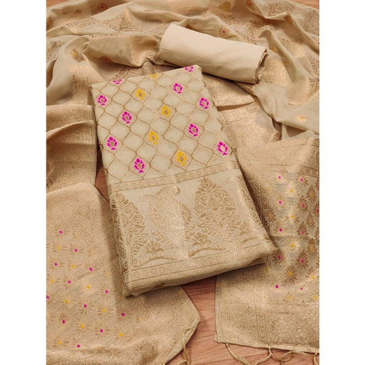 Generic Women's Banarasi Silk Printed Unstitched Salwar Suit Material With Dupatta (Cream, 3Mtrs)