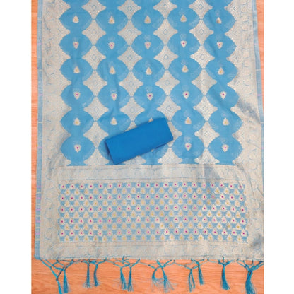 Generic Women's Banarasi Silk Printed Unstitched Salwar Suit Material With Dupatta (Sky Blue, 3Mtrs)
