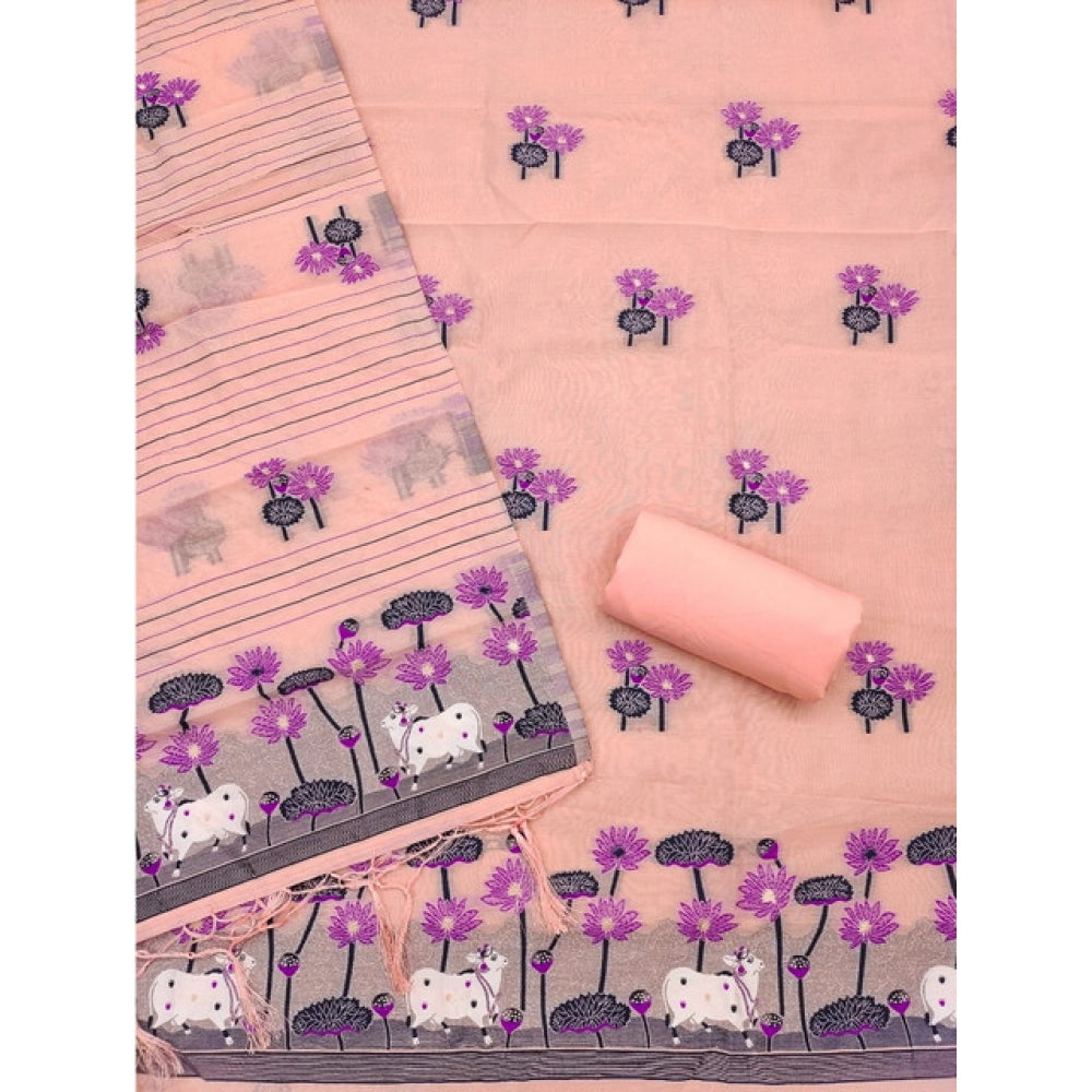 Generic Women's Banarasi Silk Printed Unstitched Salwar Suit Material With Dupatta (Peach, 3Mtrs)