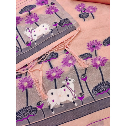 Generic Women's Banarasi Silk Printed Unstitched Salwar Suit Material With Dupatta (Peach, 3Mtrs)