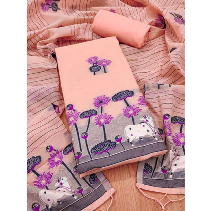 Generic Women's Banarasi Silk Printed Unstitched Salwar Suit Material With Dupatta (Peach, 3Mtrs)