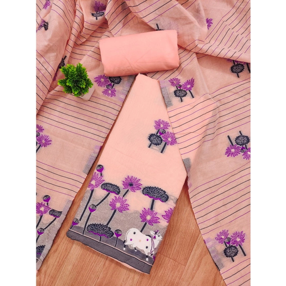 Generic Women's Banarasi Silk Printed Unstitched Salwar Suit Material With Dupatta (Peach, 3Mtrs)