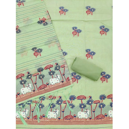 Generic Women's Banarasi Silk Printed Unstitched Salwar Suit Material With Dupatta (Pista, 3Mtrs)