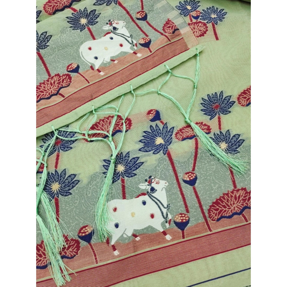 Generic Women's Banarasi Silk Printed Unstitched Salwar Suit Material With Dupatta (Pista, 3Mtrs)