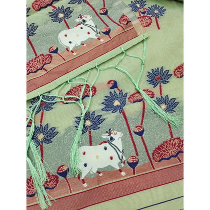 Generic Women's Banarasi Silk Printed Unstitched Salwar Suit Material With Dupatta (Pista, 3Mtrs)