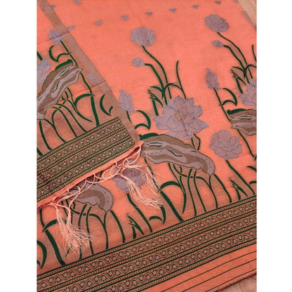 Generic Women's Banarasi Silk Printed Unstitched Salwar Suit Material With Dupatta (Peach, 3Mtrs)